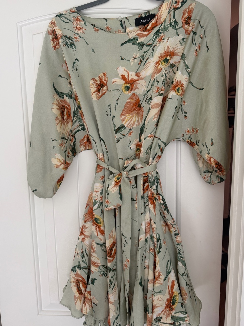 Aakaa Boutique Sage Floral Tie-Waist Dress